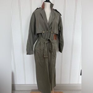 Together Trench Coat 100% Cotton Leather Trim Vintage Military Style Sz 10 Green